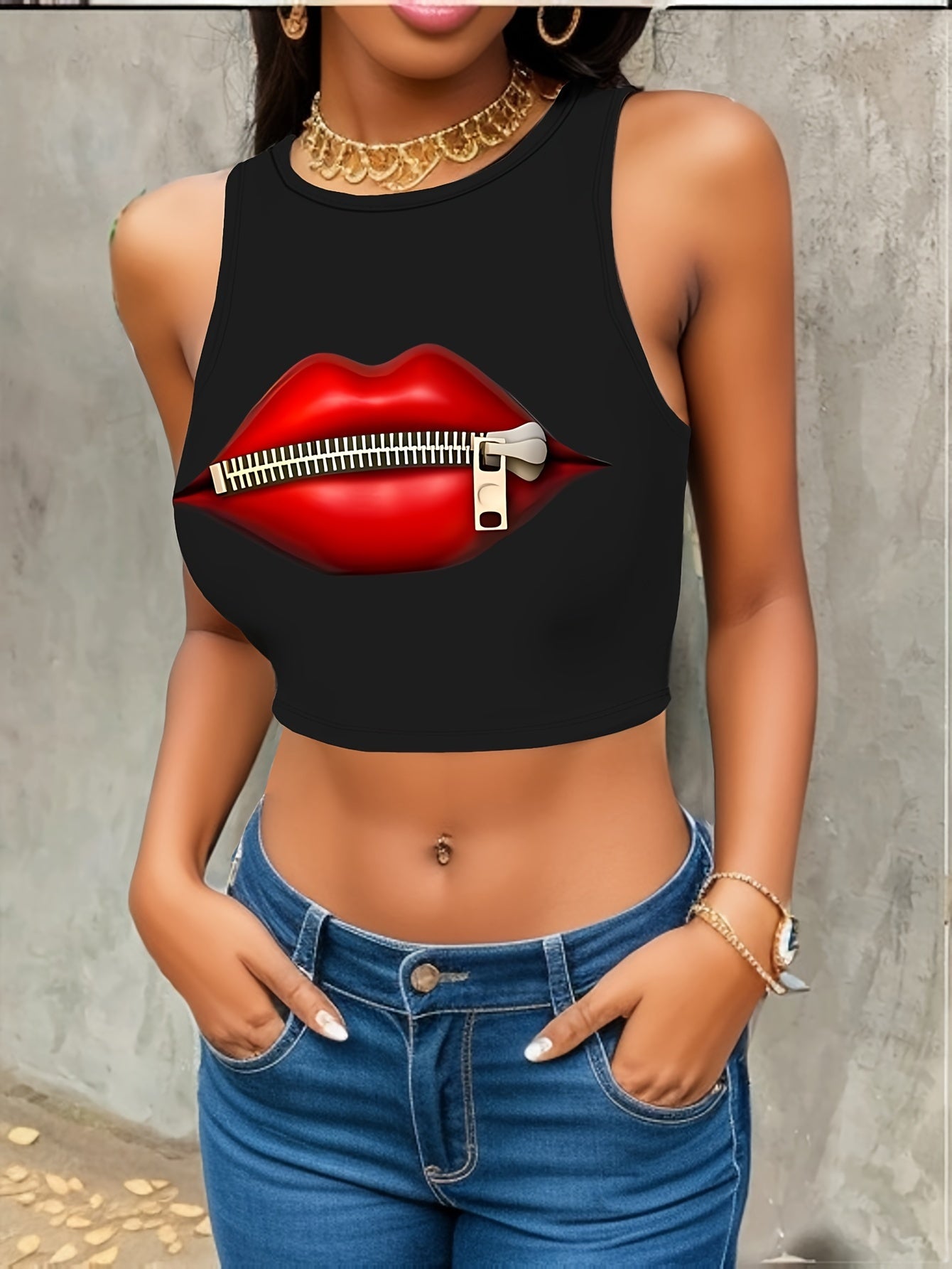 Valentine's Day Red Lip Print Round Neck High Elastic Tight Fit Print Short Top with Navel Exposed Women's Casual Sports Shirt